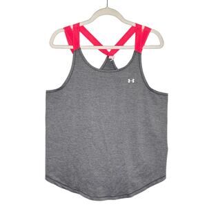 Under Armour Heat Gear Tank Top Large Gray Sleeveless Workout Racerback Gym Pink